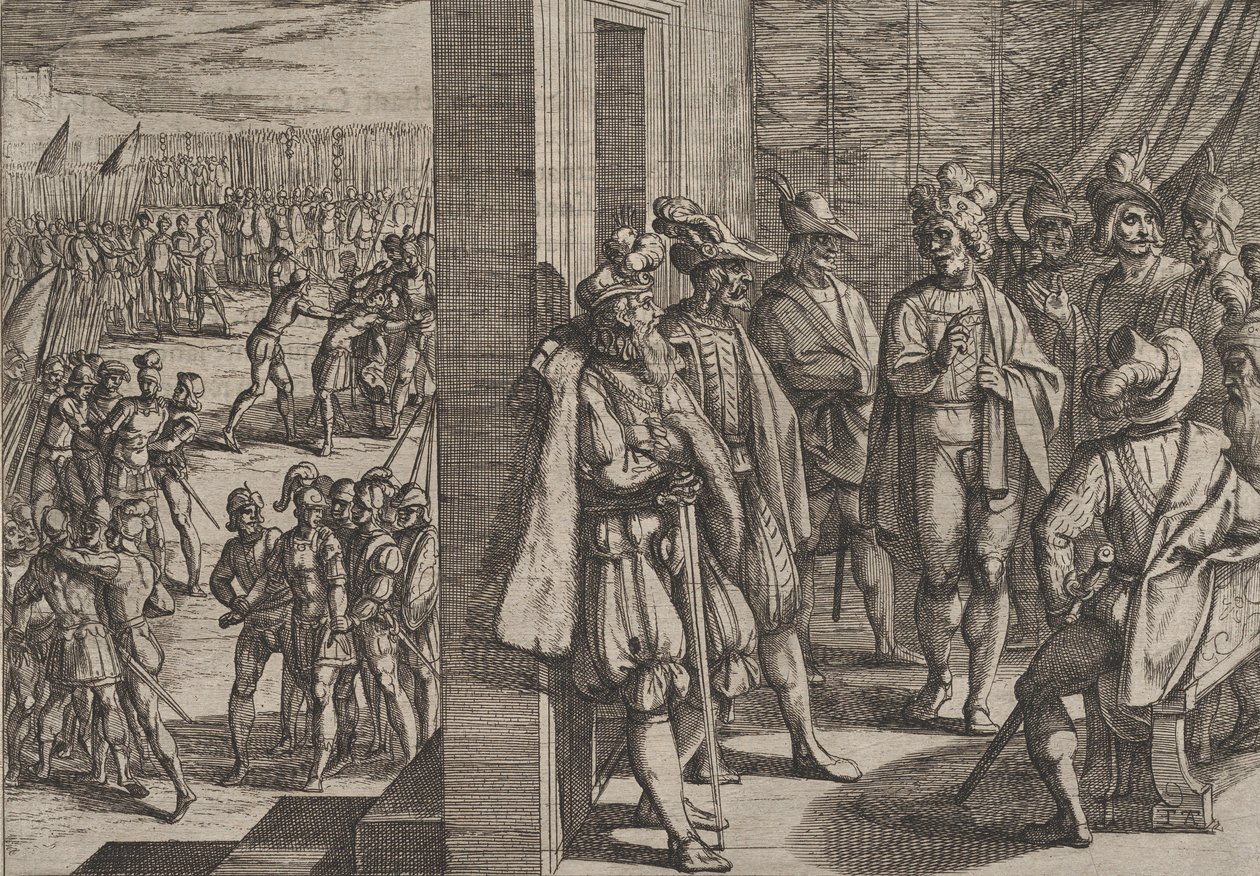 Plate 18: Civilis hemmelige møte med andre ledere fra Trier, fra The War of the Rom..., 1611. av Antonio Tempesta