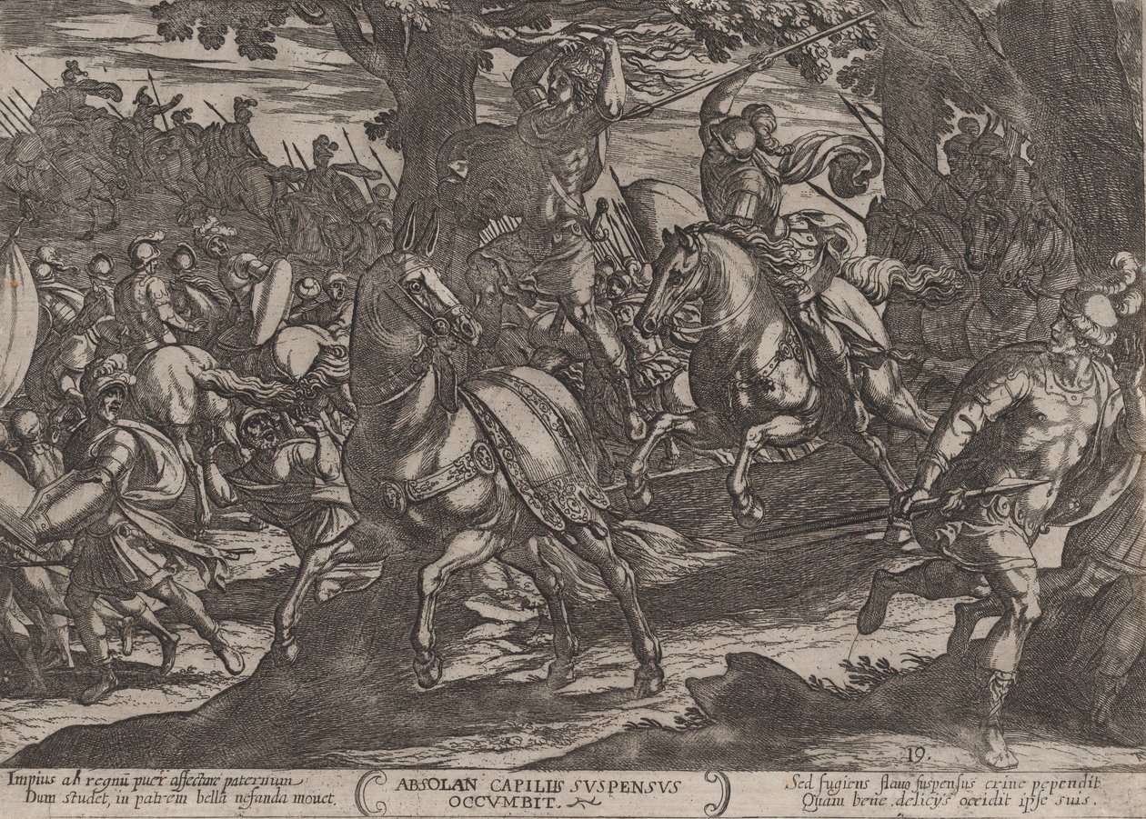 Plate 19: Jacob Killing Absalom, fra The Battles of the Old Testament, ca. 1..., ca. 1590-ca. 1610. av Antonio Tempesta