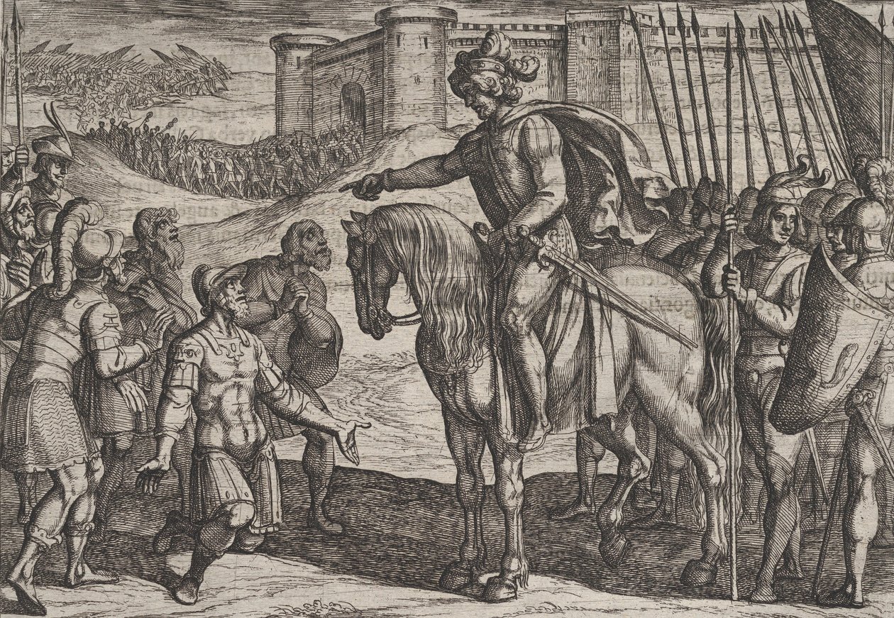 Plate 19: Menn fra festningen overgir seg og lover livet til Civilis, fra krigen ..., 1611. av Antonio Tempesta