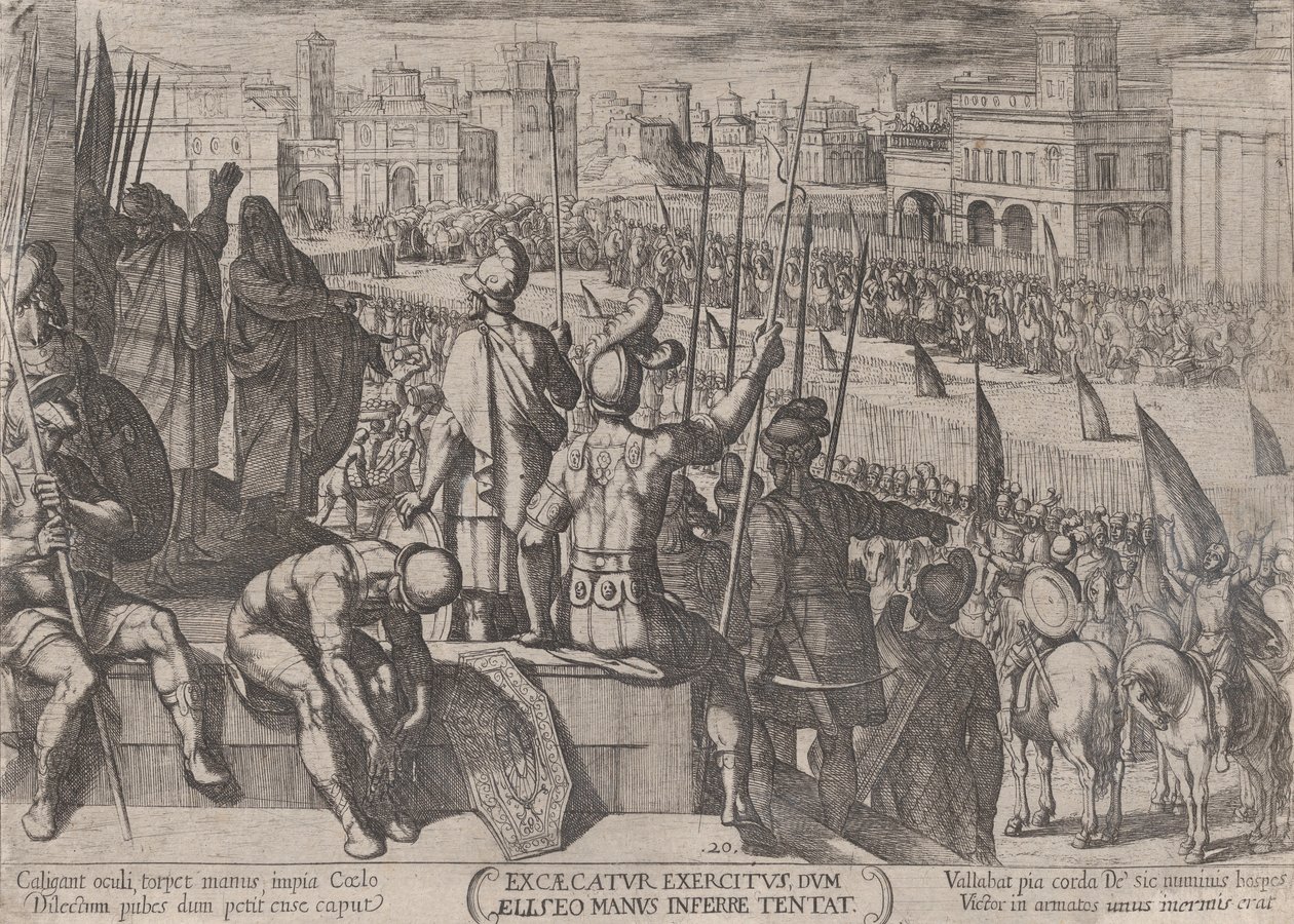 Plate 20: Elisha bringer den blindede syriske hæren til Israels konge, fra..., ca. 1590-ca. 1610. av Antonio Tempesta