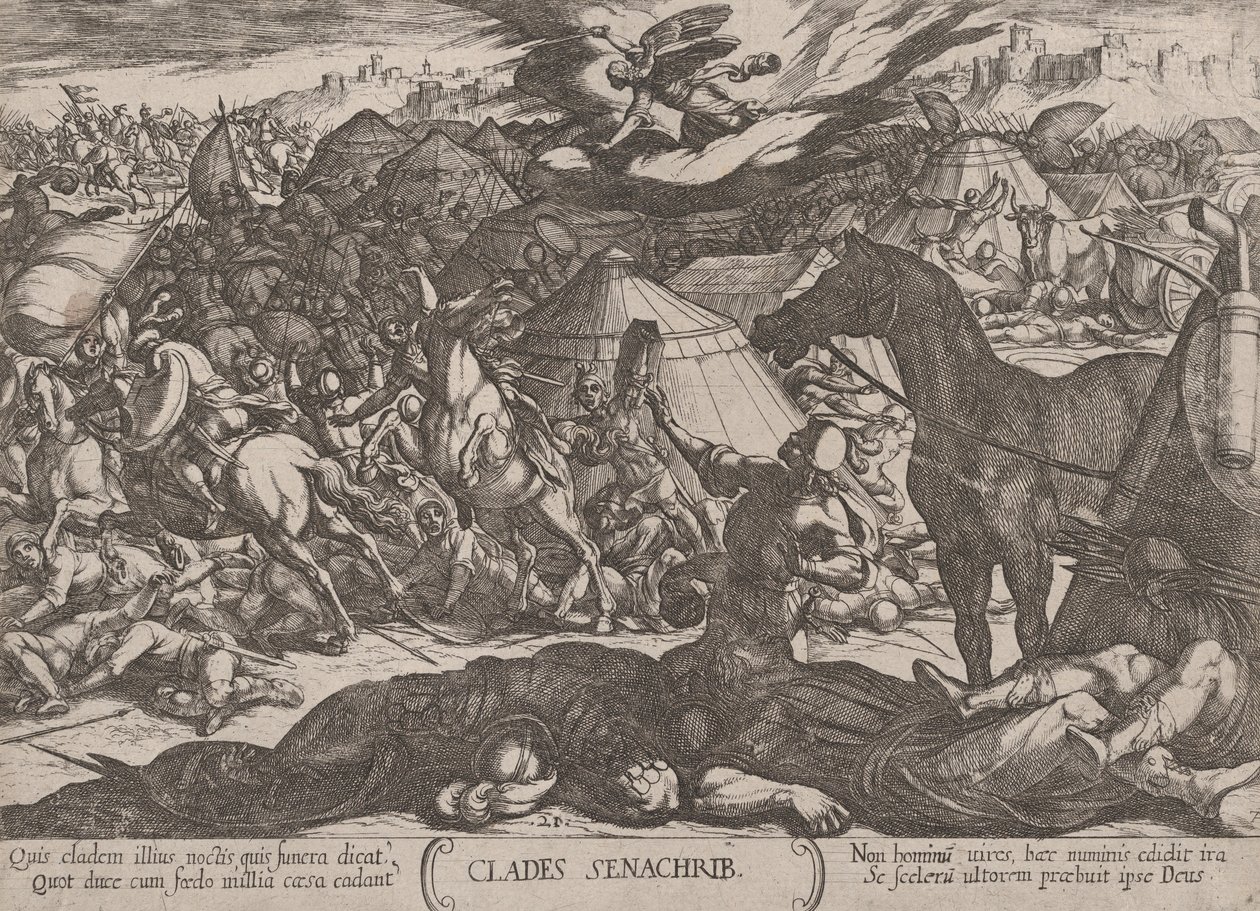 Plate 21: Herrens engel som overvinner Sanheribs hær, fra 'Th..., ca. 1590-ca. 1610. av Antonio Tempesta