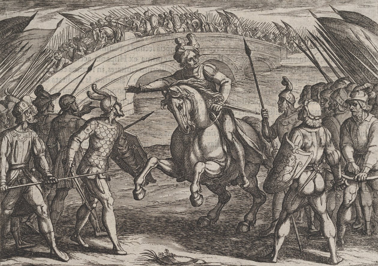 Plate 22: Civilis skiller tyske og nederlandske tropper, fra The War of the Romans Against th..., 1611. av Antonio Tempesta