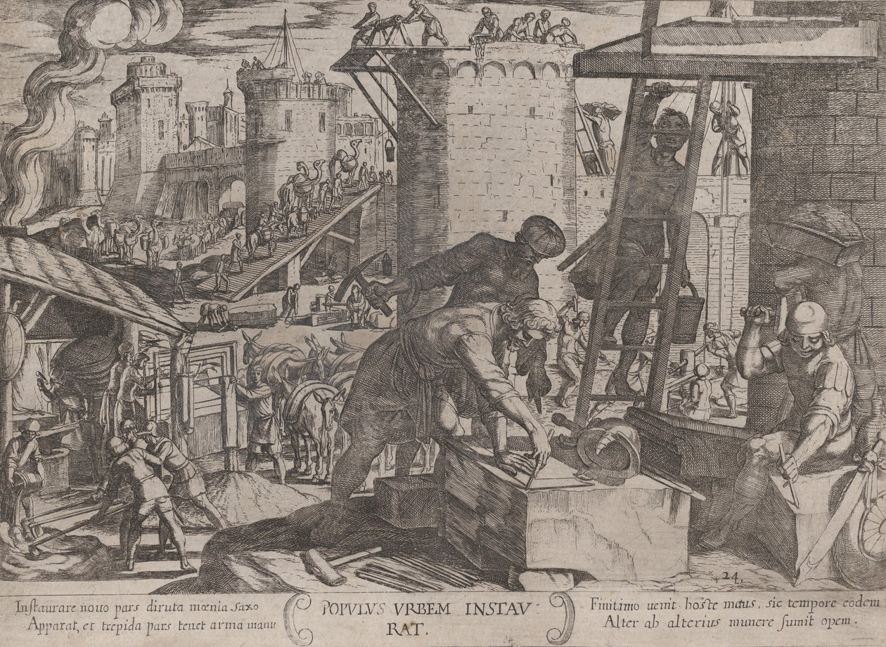 Plate 24: Israelittene gjenoppbygger Jerusalems murer, fra 