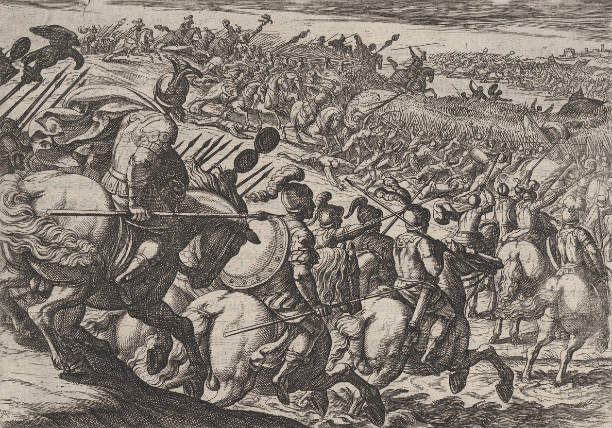 Plate 25: Den romerske sjefen Cerialis angrep nær Trier, fra The War of the Romans Agai..., 1611. av Antonio Tempesta