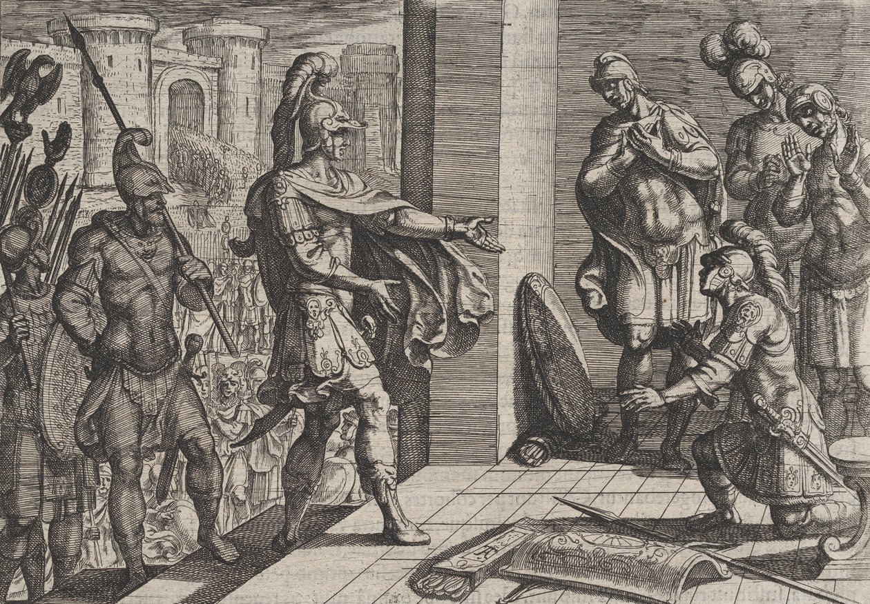 Plate 26: Cerialis benåder og avlaster romerske soldater som hadde hjulpet Civilis, fra The Wa..., 1611. av Antonio Tempesta