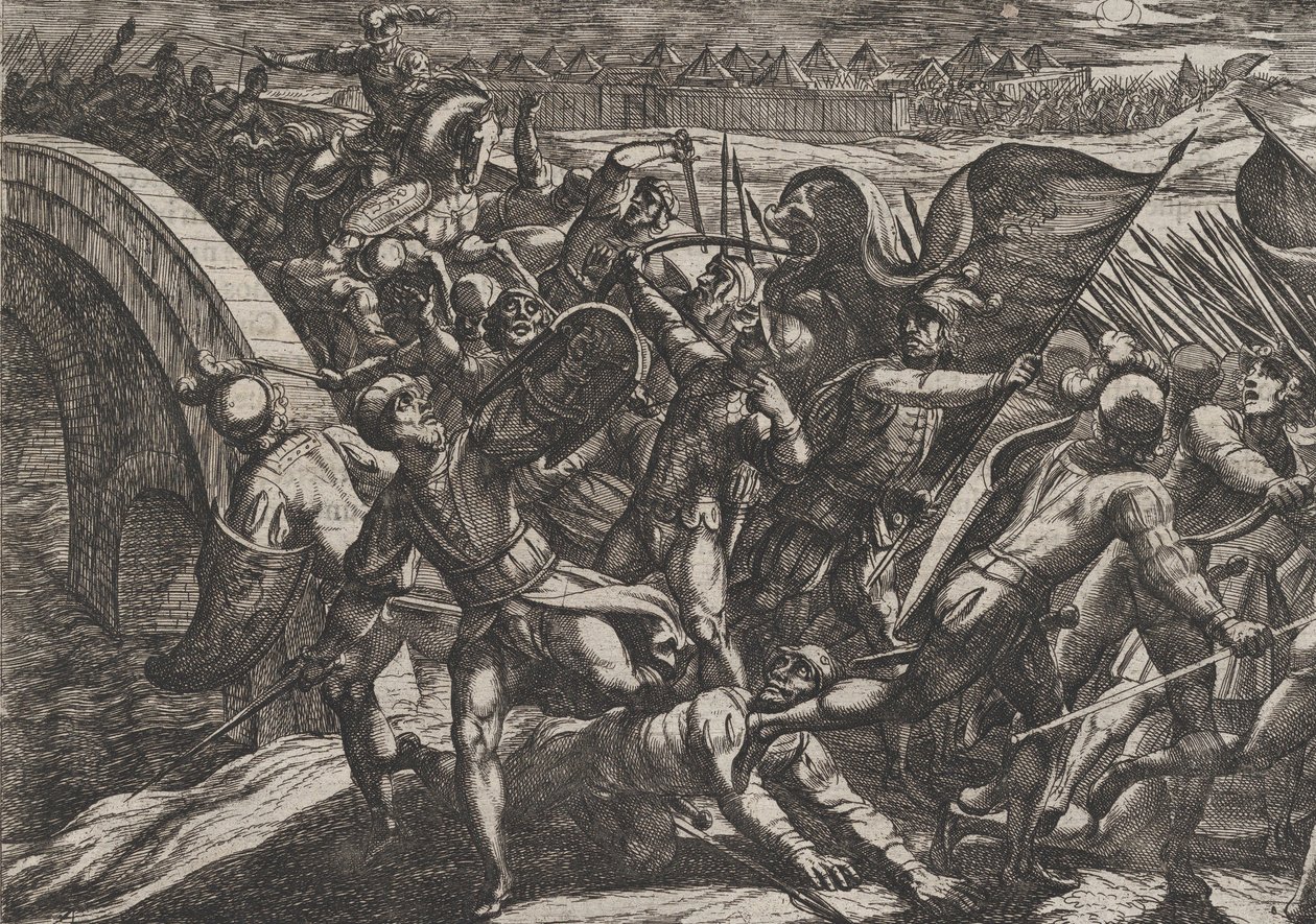 Plate 27: Nederlenderne under et overraskelsesangrep av den romerske leiren ved Mosel, fra The Wa..., 1611. av Antonio Tempesta