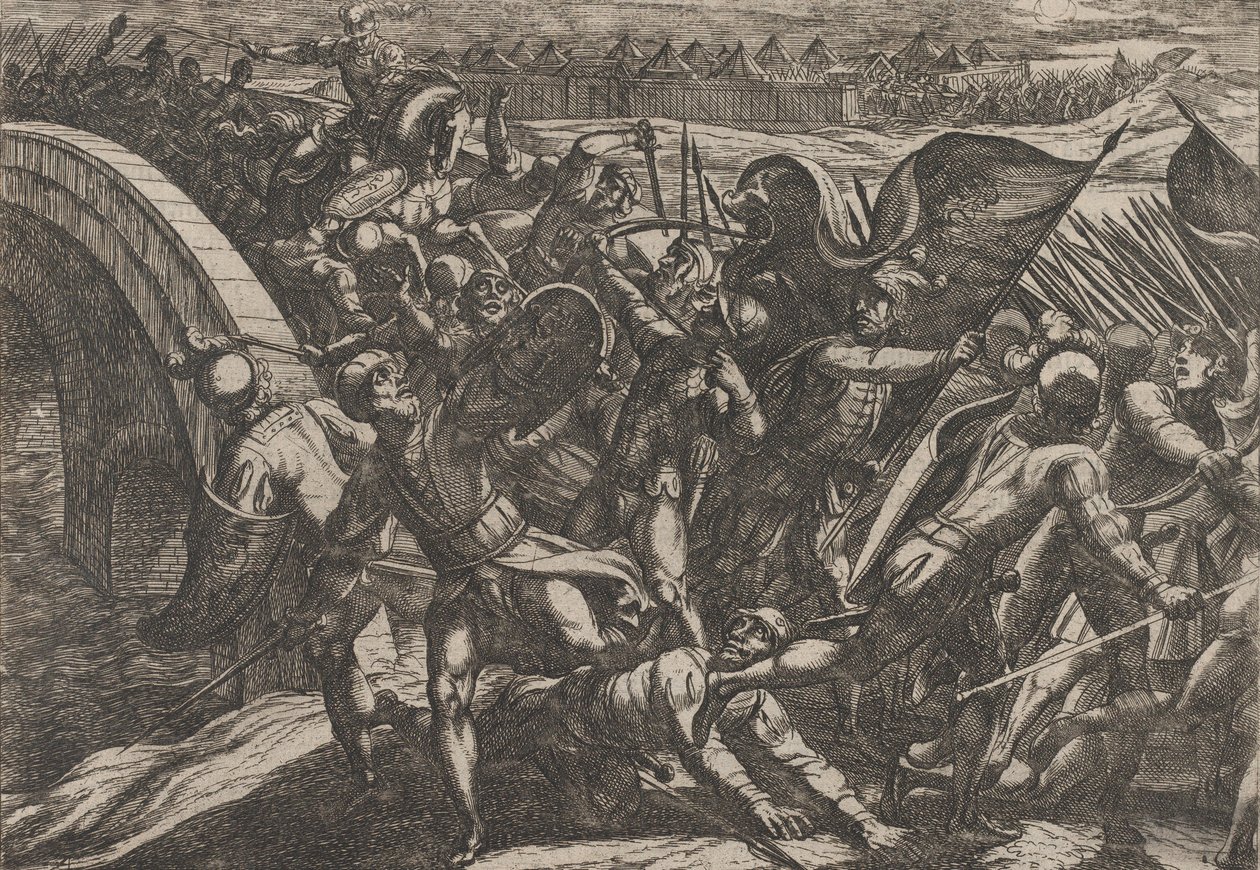 Plate 27: Nederlenderne under et overraskelsesangrep av den romerske leiren ved Mosel, fra The Wa..., 1611. av Antonio Tempesta