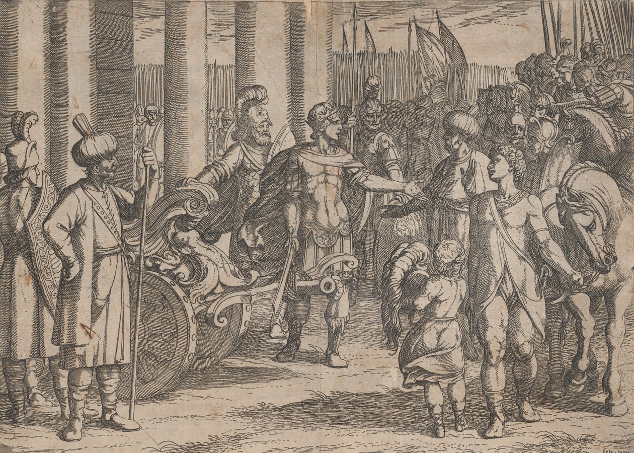 Plate 2: Alexander Cutting the Gordian Knot, fra The Deeds of Alexander the Great, 1608., av Antonio Tempesta