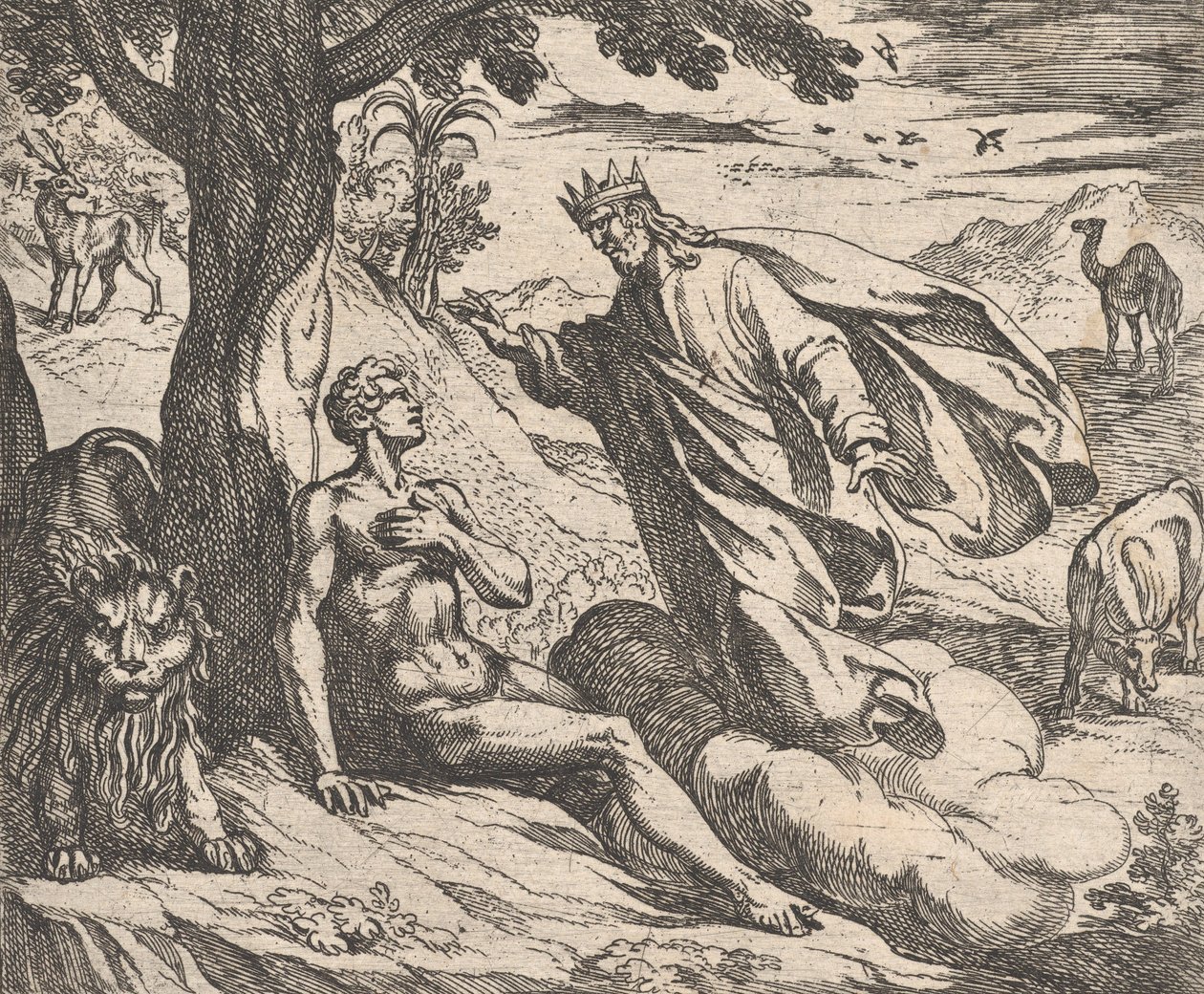 Plate 2: The Creation of Man Hominis creatio, fra Ovids 'Metamorphoses', 1606. av Antonio Tempesta