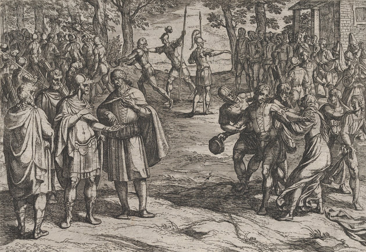 Plate 2: Romerne tar gamle nederlandske menn som gisler og forfører unge, fra krigen..., 1611. av Antonio Tempesta