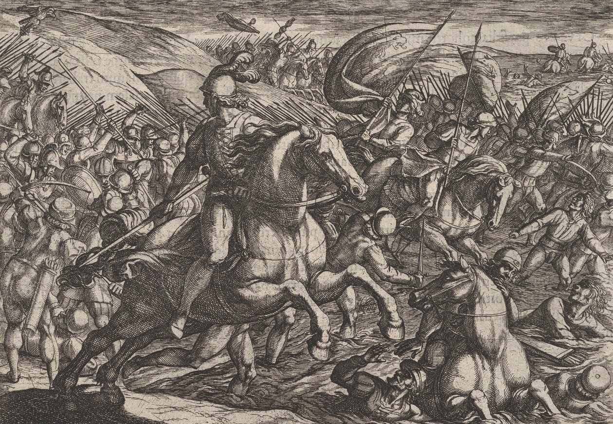 Plate 30: Cerialis driver nederlenderne inn i Rhinen, fra The War of the Romans Against th..., 1611. av Antonio Tempesta