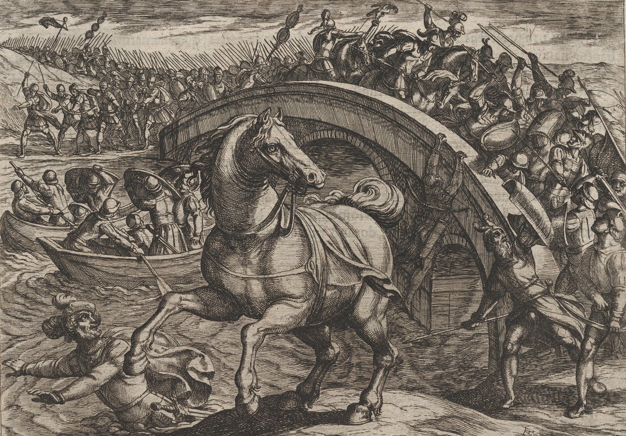 Plate 31: Civilis tvunget til å stige av og svømme over elven, fra The War of the Romans..., 1611. av Antonio Tempesta