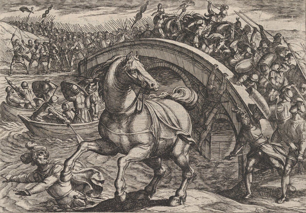 Plate 31: Civilis tvunget til å stige av og svømme over elven, fra The War of the Romans..., 1611. av Antonio Tempesta