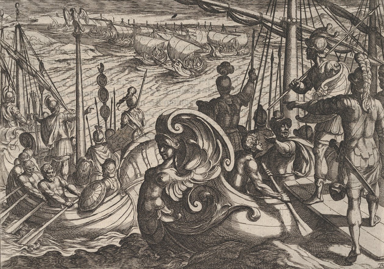 Plate 33: Nederlandske og romerske flottiller på Rhinen, fra The War of the Romans Against the B..., 1611. av Antonio Tempesta