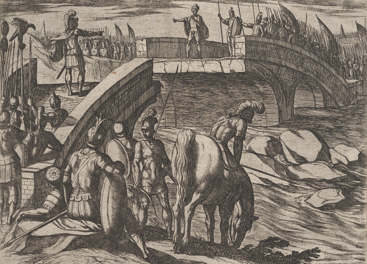 Plate 36: Civilis og Cerialis møtes på en ødelagt bro for å komme til enighet, fra The War of..., 1611. av Antonio Tempesta