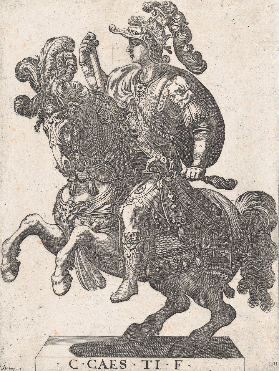 Plate 4: Keiser Gaius til hest, fra 'De første tolv romerske keiser', 1596. av Antonio Tempesta