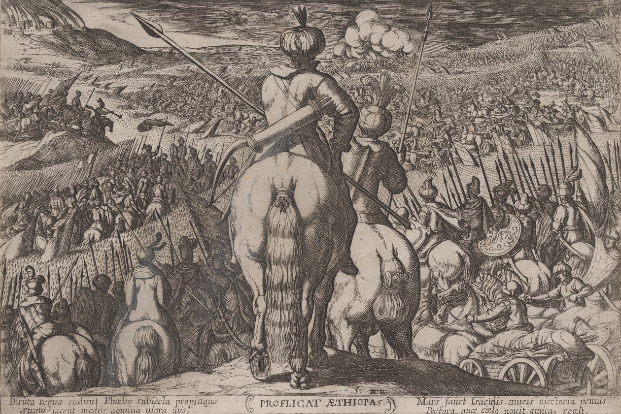 Plate 5: Etiopiernes nederlag, fra 'The Battles of the Old Testament..., ca. 1590-ca. 1610. av Antonio Tempesta