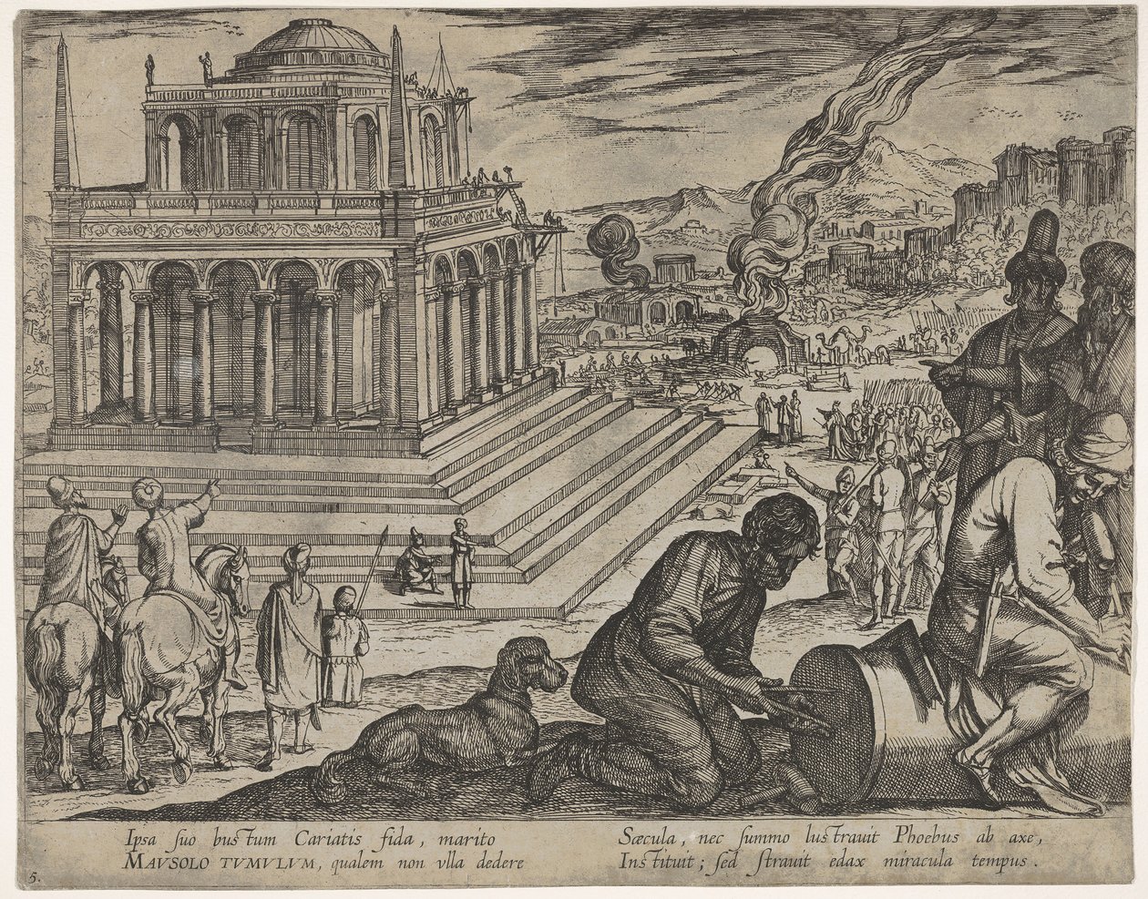Plate 5: Mausolus grav, steinmurere lager en søyle til høyre, fra The Seven Wonders..., 1608. av Antonio Tempesta