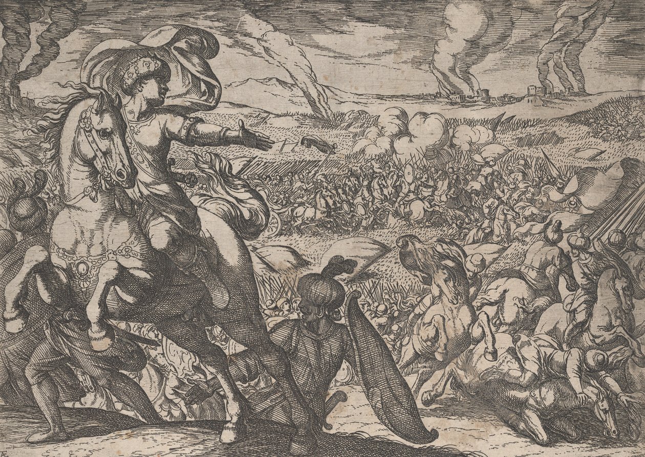 Plate 6: Darius flykter fra slagmarken, fra The Deeds of Alexander the Great, 1608. av Antonio Tempesta