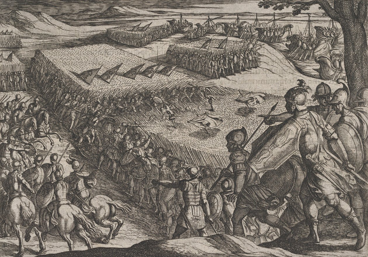 Plate 6: Romerne beseiret nær Rhinen, fra The War of the Romans Against the Batavians ..., 1611. av Antonio Tempesta