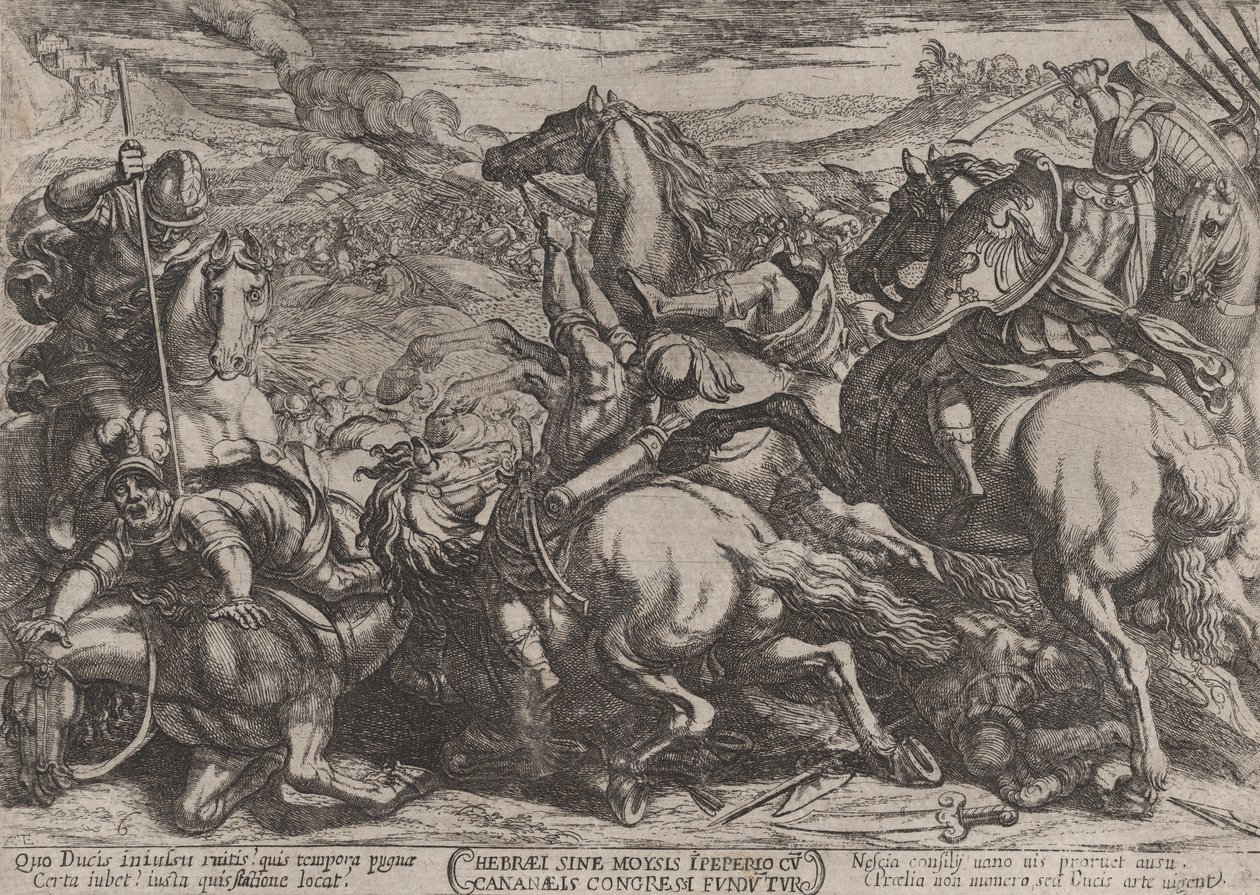 Plate 6: Israelittene beseiret av kanaaneerne for å ha vært ulydig mot Moses..., ca. 1590-ca. 1610. av Antonio Tempesta
