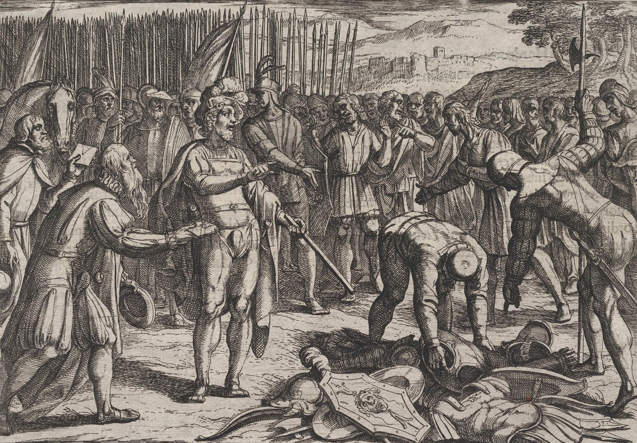 Plate 7: Tyske utsendinger besøker Civilis, fra The War of the Romans Against the Batavians Ro..., 1611. av Antonio Tempesta