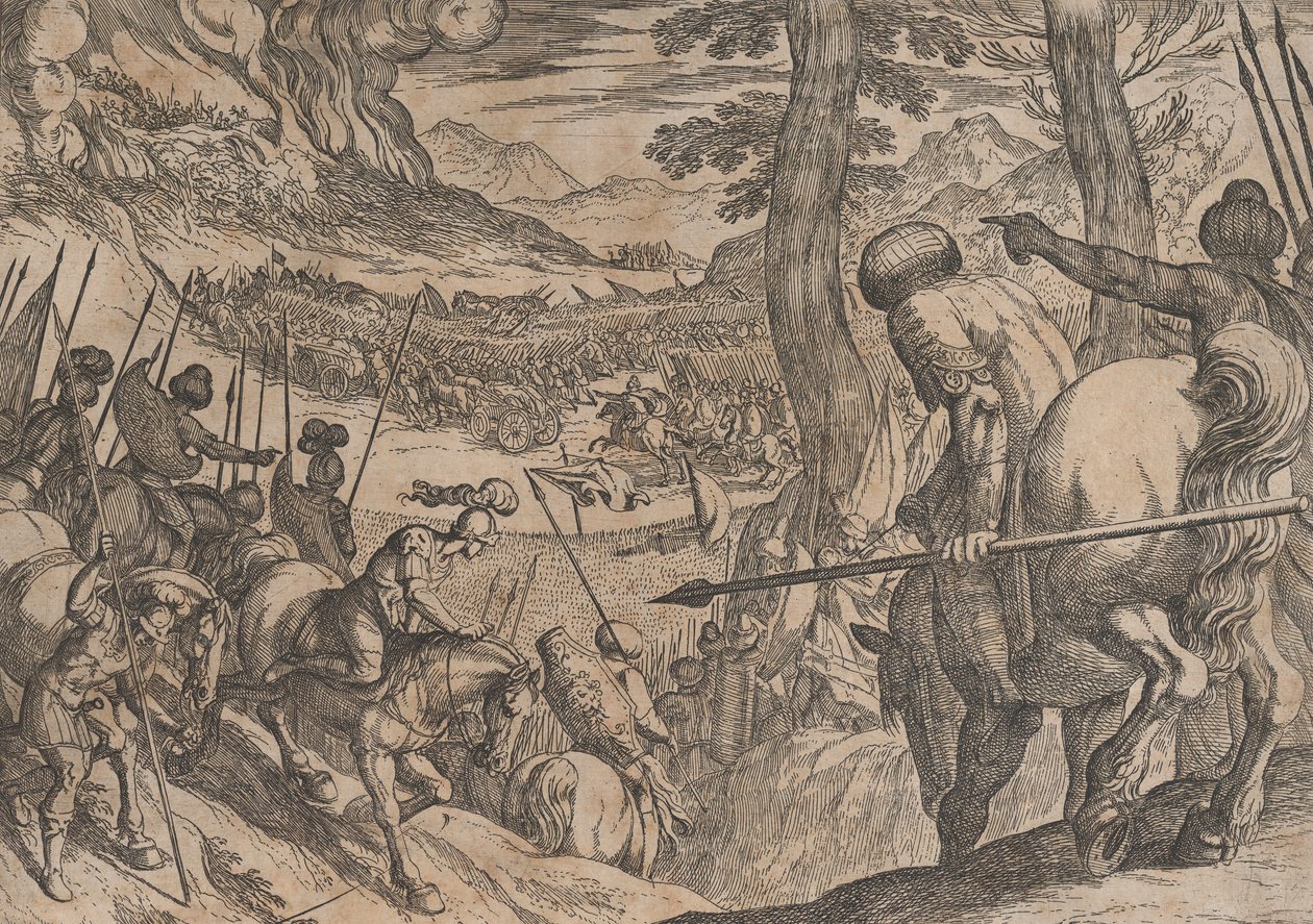 Plate 8: Alexander Encircling the Enemy Troops with Fire, fra The Deeds of Alexander the ..., 1608. av Antonio Tempesta