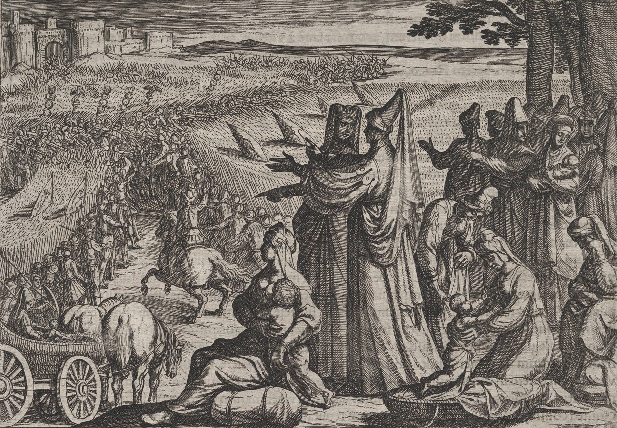 Plate 8: Kvinner og barn observerer Civilis som kjemper mot romerne, fra The War of the Roma..., 1611. av Antonio Tempesta