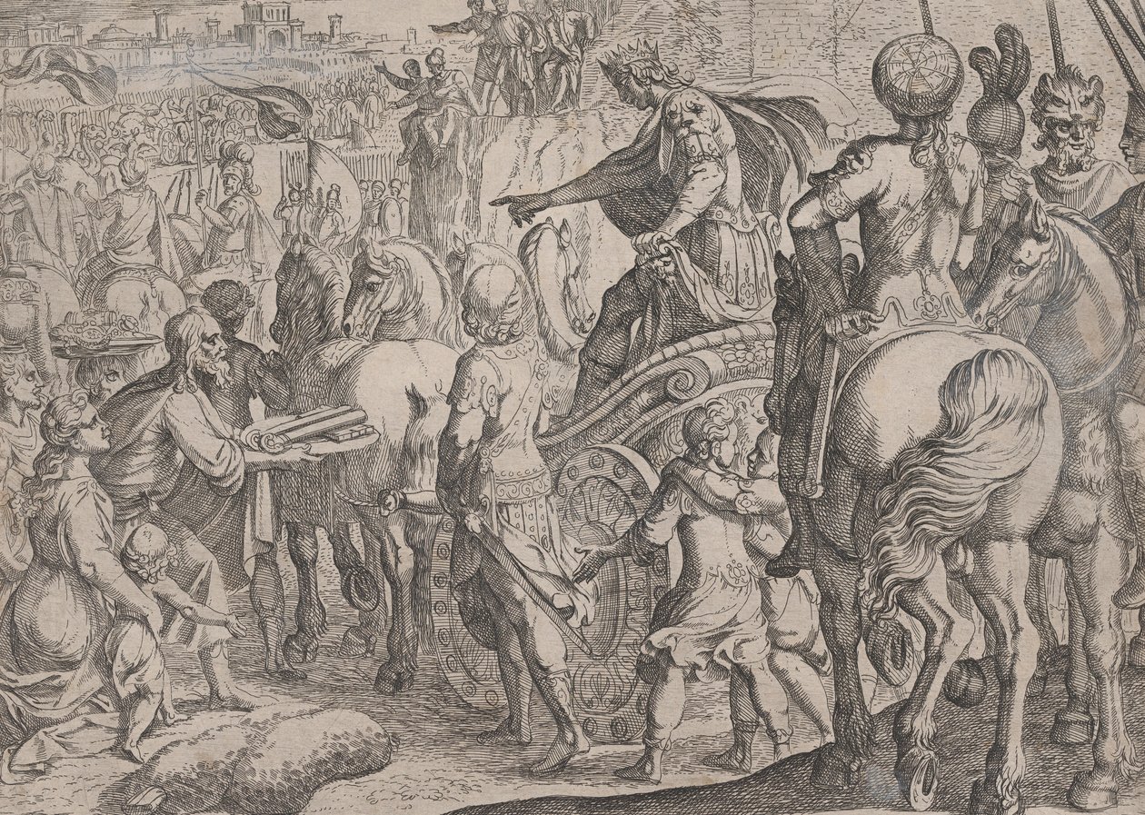 Plate 9: Alexanders triumferende inntog i Babylon, fra The Deeds of Alexander the Great, ..., 1608. av Antonio Tempesta