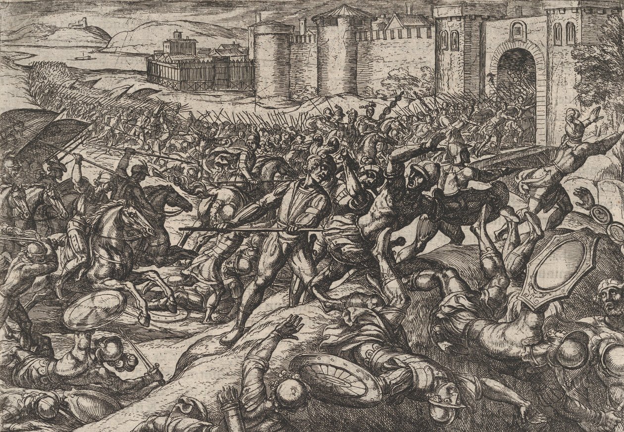 Plate 9: Romerne beseiret av de nederlandske troppene ved Bonna, fra The War of the Romans Agai..., 1611. av Antonio Tempesta