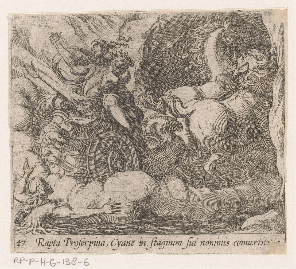 Pluto sluker Proserpina som forsvinner fra nymfen Cyane Bortført av Proserpina, blir Cyane omgjort til et eget basseng (tittel på objekt) Metamorfoseon eller transformasjoner (serietittel) Metamorfosen van Ovidius (serietittel) av Antonio Tempesta