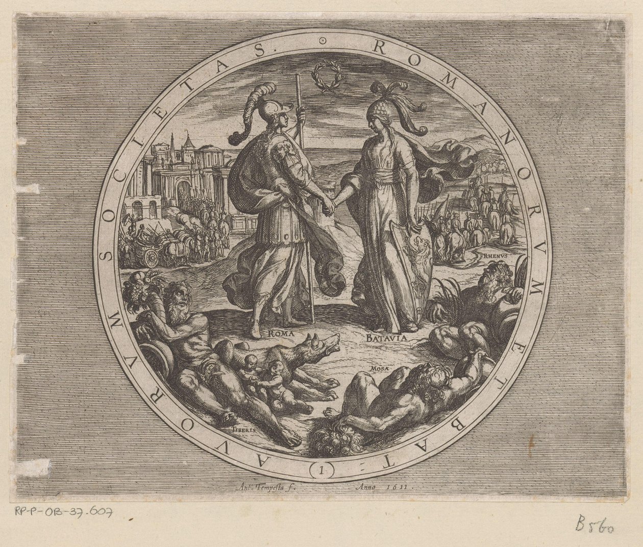 Roma en Batavia schudden hverandre de hånden Society of the Romans and the Dutch (tittel på objekt) De Bataafse oorlogen tegen de Romeinen (serietittel) Slaget om nederlenderne med romerne (serietittel) av Antonio Tempesta