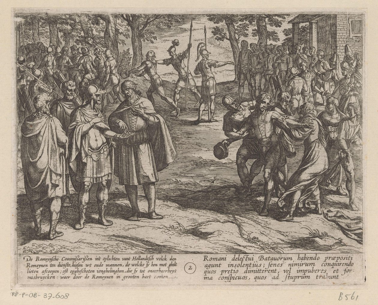 Romerne kjøper de unge nederlandske mennene fra de nederlandske eldre De bataviske krigene mot romerne (serietittel) Batavorum cum Romanis Bellum (serietittel) av Antonio Tempesta