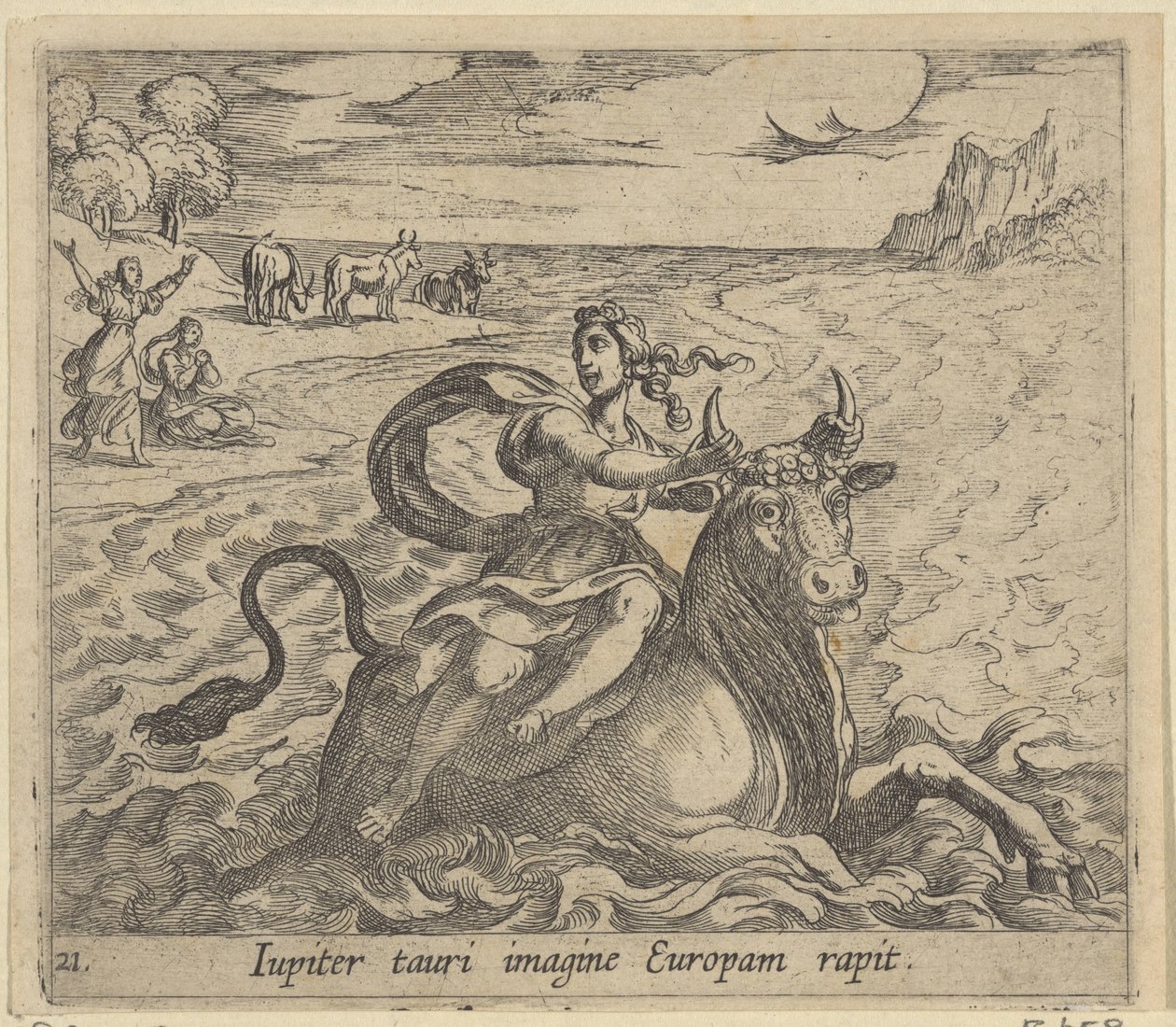 Takbil Europa Jupiter fanger Europa i bildet av en okse (tittel på objekt) Metamorphoseon size transformational (serietittel) Metamorfosen van Ovidius (serietittel) av Antonio Tempesta