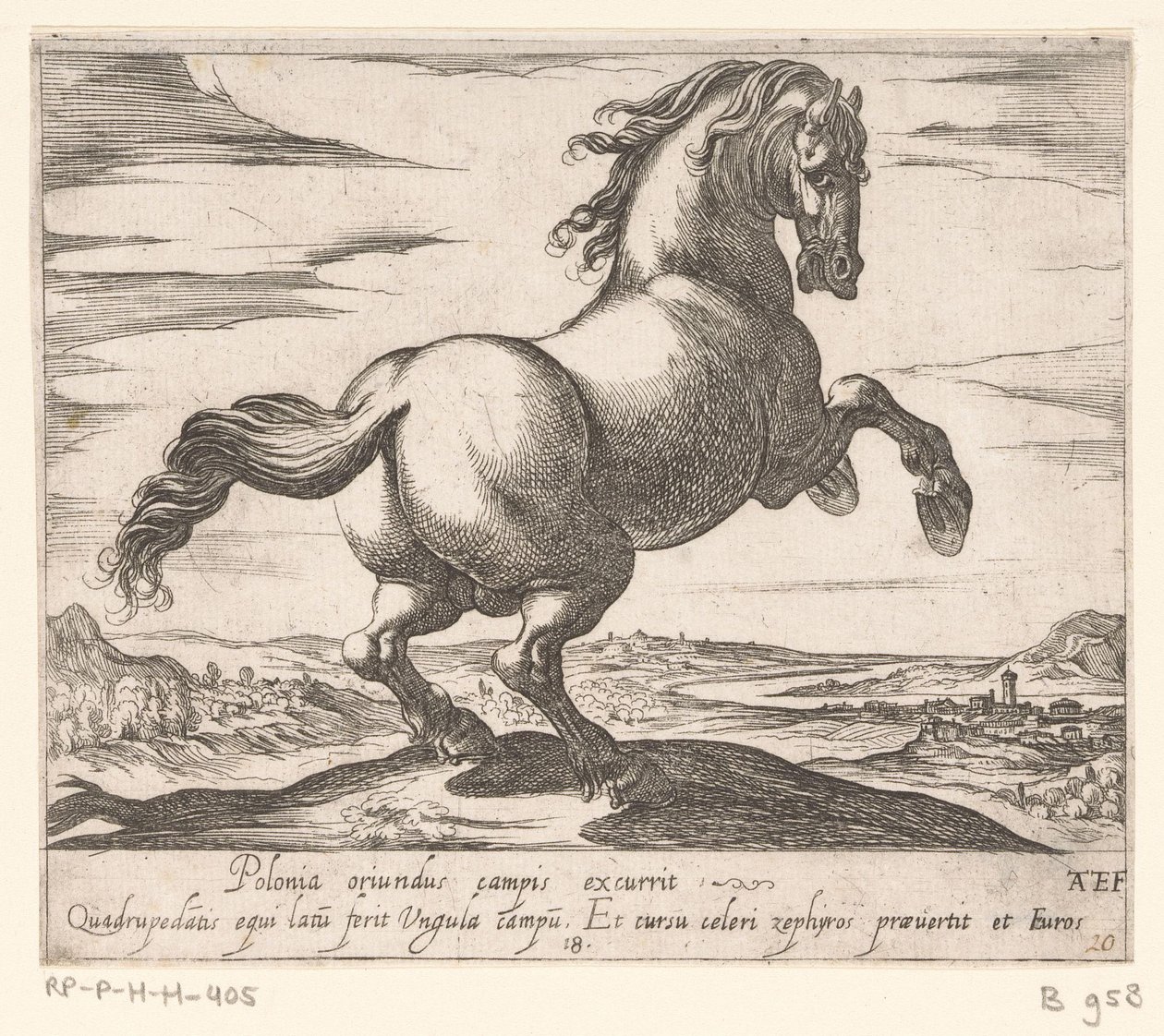 Steigerend paard naar rechts gewend Paarden uit verschiedelden landen (serietittel) Med disse lederne vil du bli feiret som en leder med viroru-munn. av Antonio Tempesta