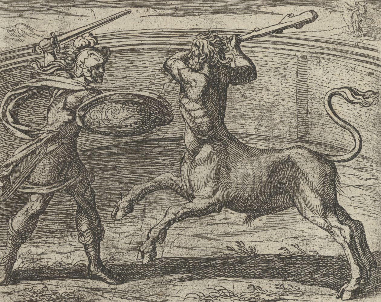 Theseus and the Minotaur Minotaurum Theseus vincit, fra The Metamorphos..., publisert etter 1606. av Antonio Tempesta