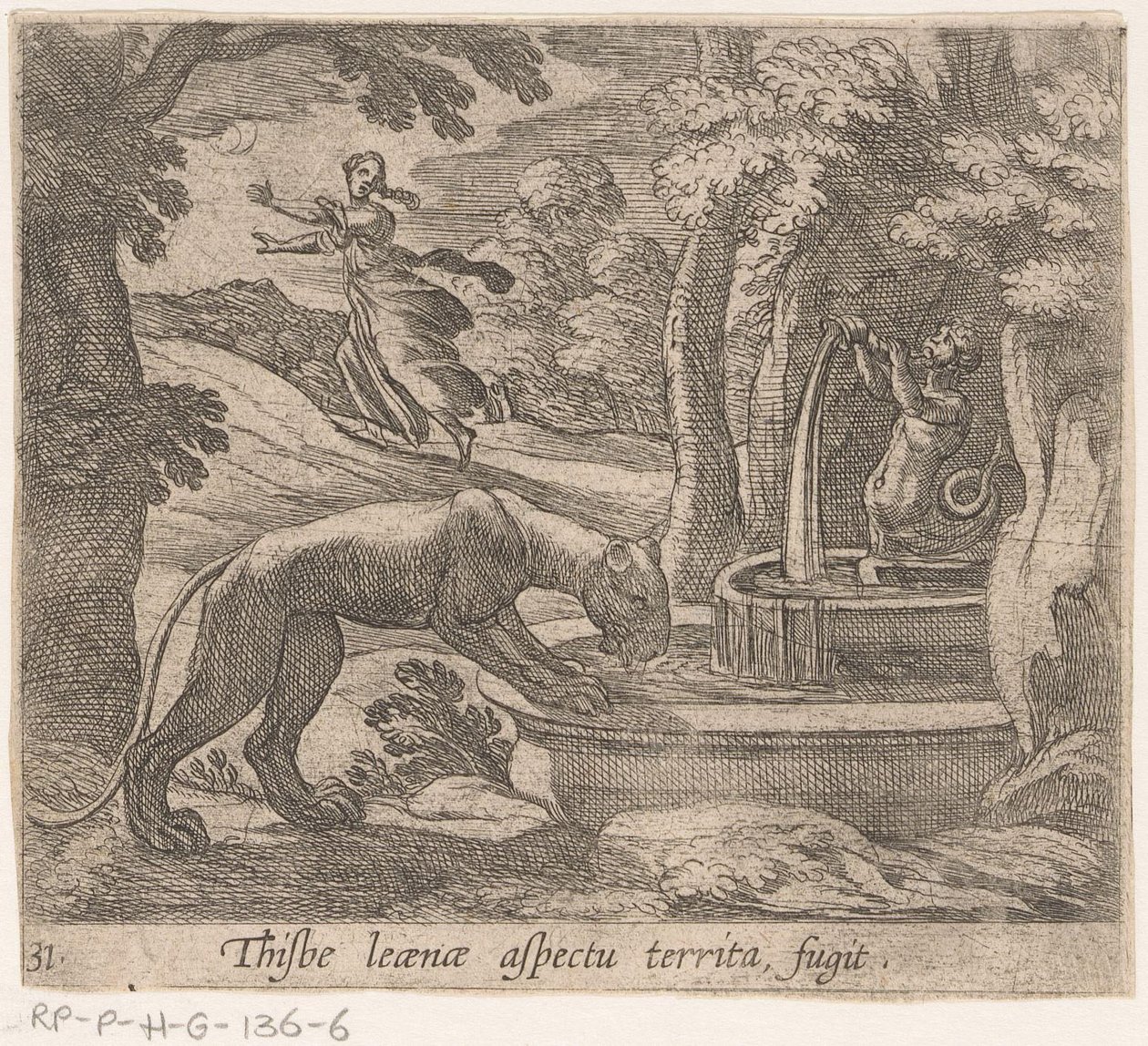 Thisbe vlucht voor the leeuwin av bron Dette er aspektet ved territoriumfugten (tittel på objekt) Metamorfose og transformasjon (serietittel) The Metamorphoses of Ovid (serietittel) av Antonio Tempesta