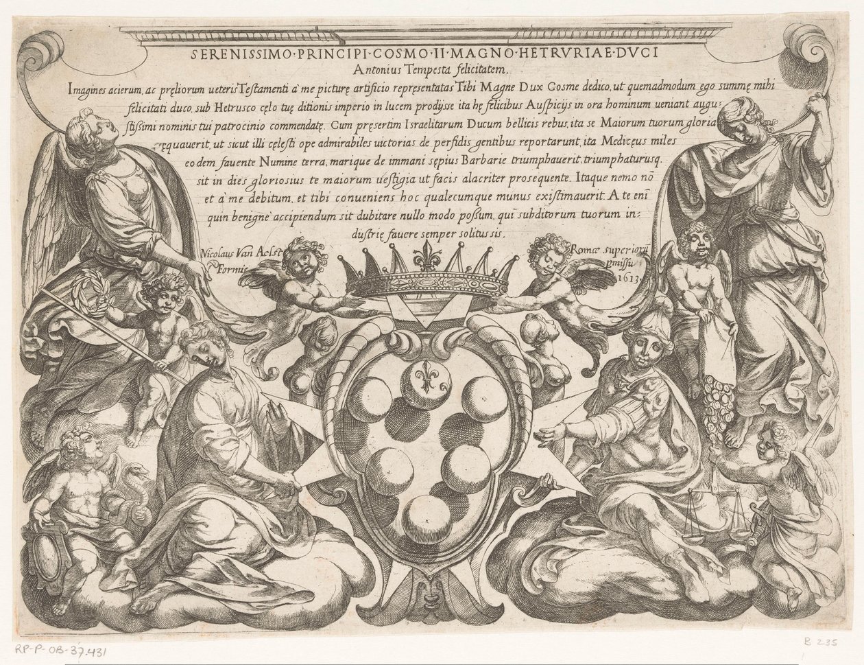 Titteltrykk med dedikasjon til og våpenskjold til Cosimo II de