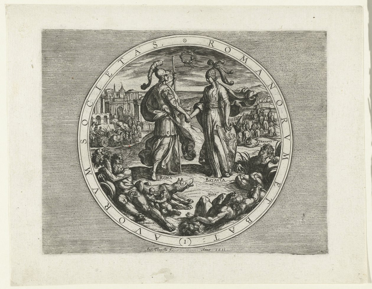 Titelprent voor de serie De Bataafse Opstand, 69-70 Society of the Romans and the Dutch (1) (tittel på objekt) De Bataafse Opstand (serietittel) Nederlendernes krig med romerne, à Cor. Tacito / De Batavische Oft Oude Hollandtsche Oorloghe teghen de Romeyne av Antonio Tempesta