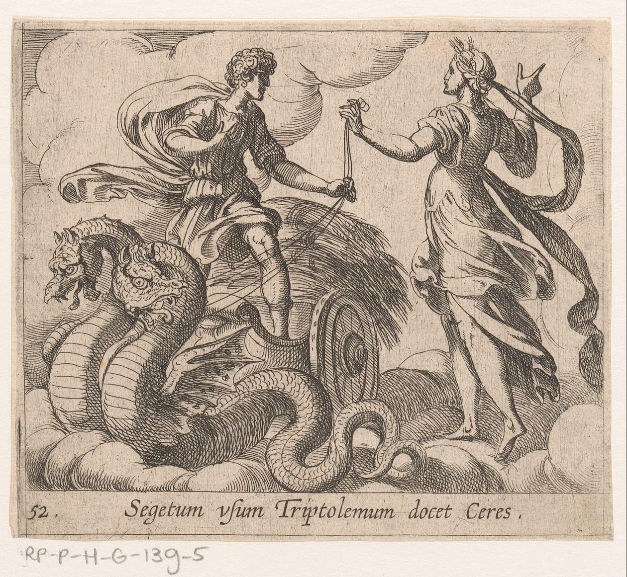 Triptolemus ontagunt de wagon van Ceres Ceres lærer Triptolemus avlingen (tittel på objekt) Metamorfoseon eller transformasjoner (serietittel) Metamorfosen van Ovidius (serietittel) av Antonio Tempesta