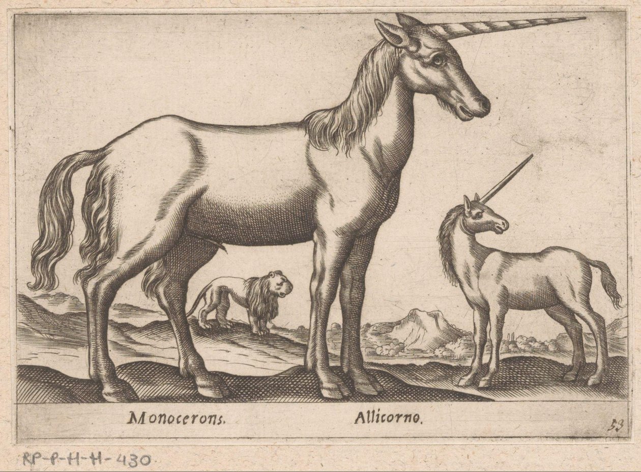 To enhjørninger og en løve Monocerons/ Allicorno (tittel på objekt) Dyr og mytiske skapninger (serietittel) Nova raccolta de li animali piu curiosi del mondo (serietittel) av Antonio Tempesta