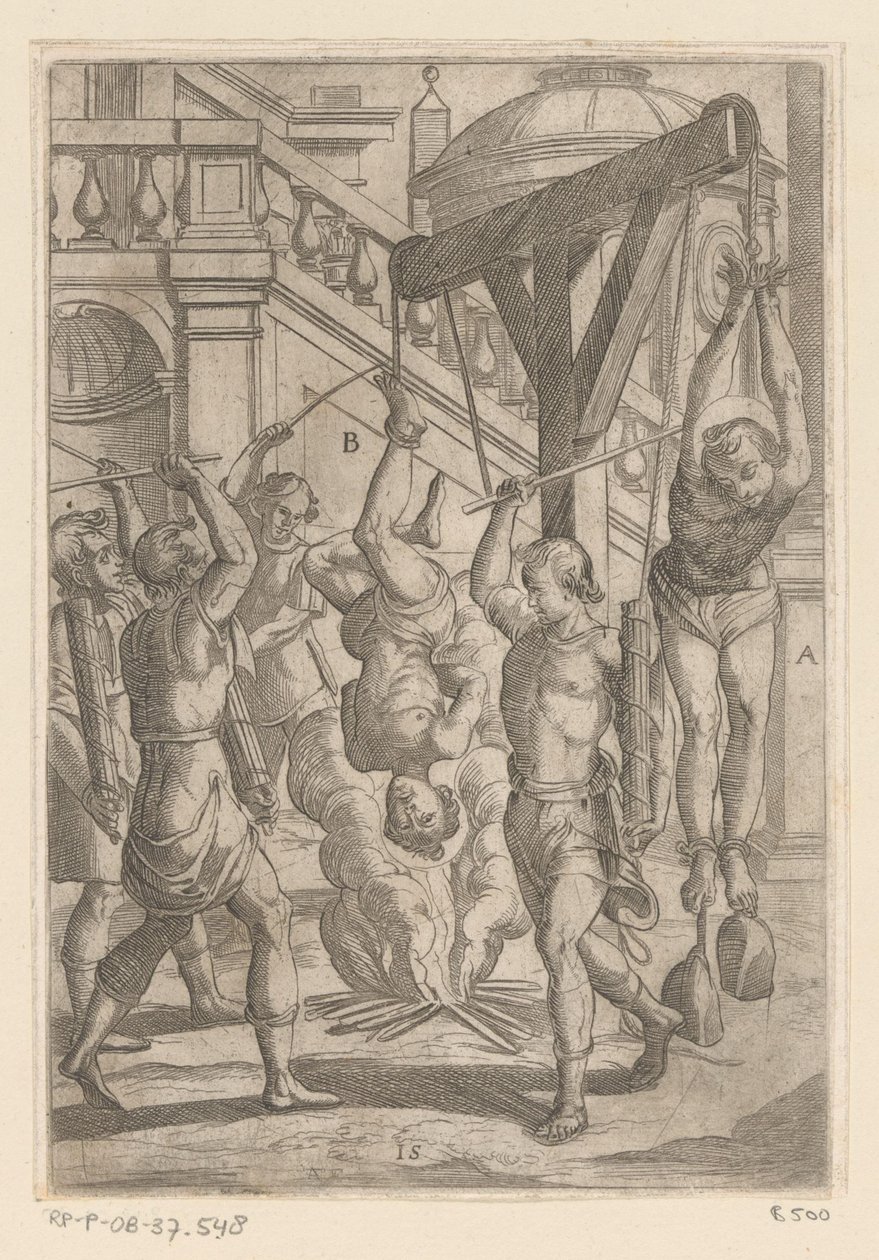 Brennende henger opp ned og slår Tortur påført av kristne martyrer (serietittel) Varia tormentorum et supplicioru crudelium (...) (serietittel) av Antonio Tempesta