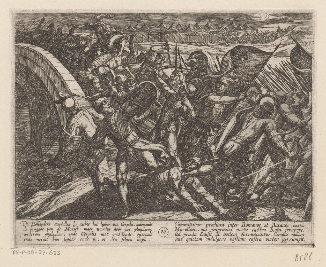 Overraskelsesangrep på den romerske leiren ved Mosel De bataviske krigene mot romerne (serietittel) Batavorum cum Romanis Bellum (serietittel) av Antonio Tempesta