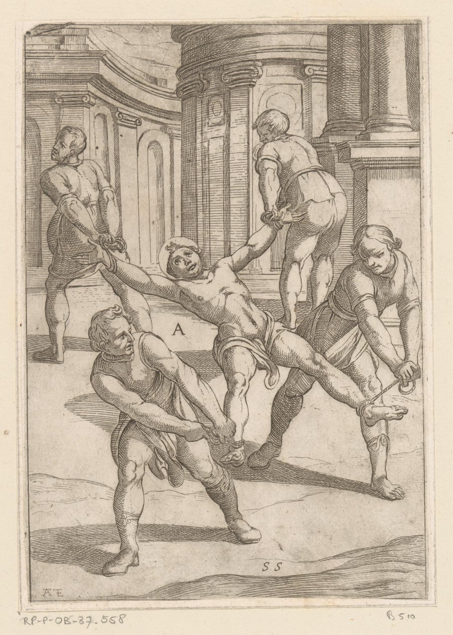 Fire menn trekker i helgenens lemmer Tortur påført av kristne martyrer (serietittel) Varia tormentorum et supplicioru crudelium (...) (serietittel) av Antonio Tempesta