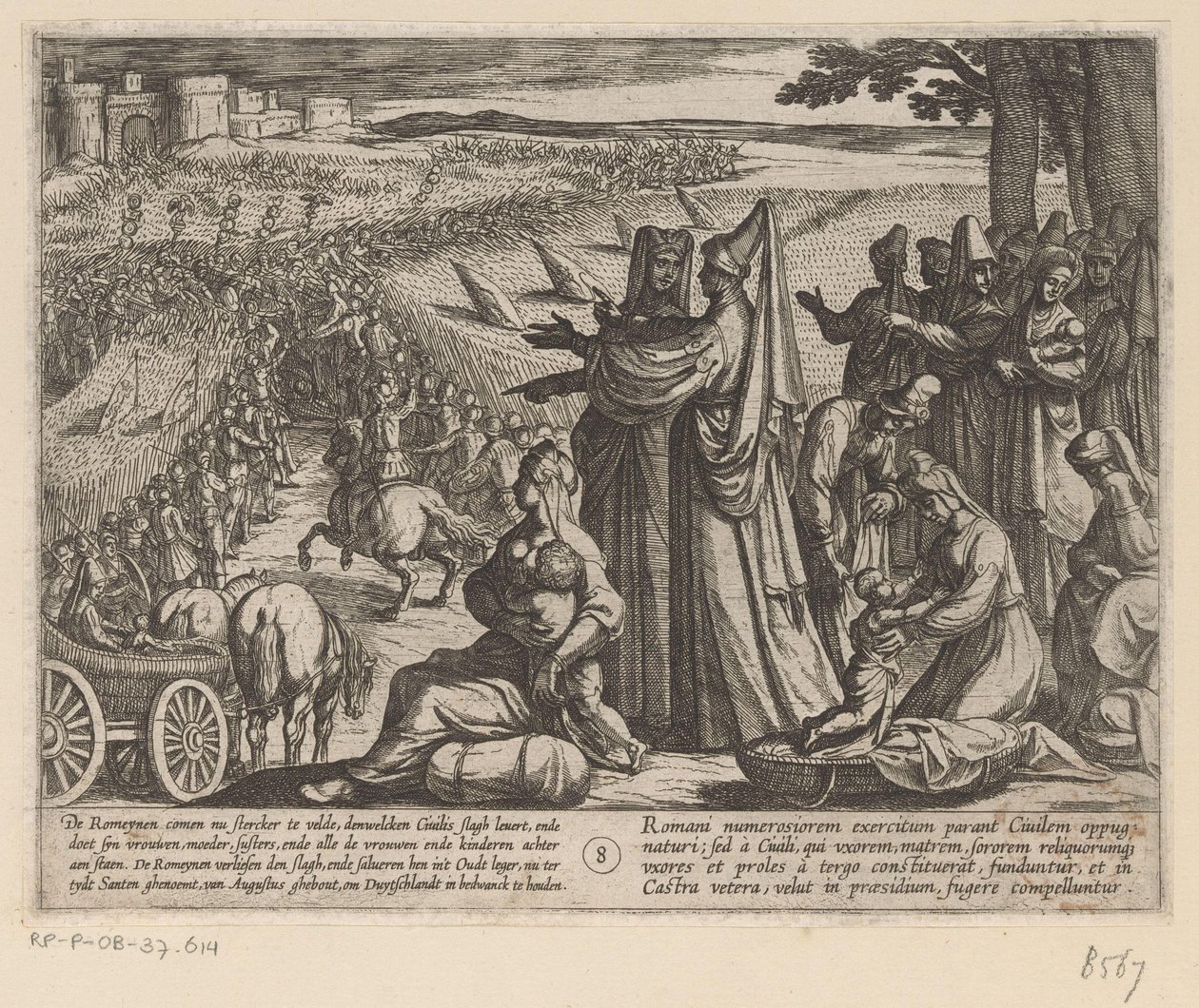 Kvinner og barn ser Julius Civilis beseire romerne De bataviske krigene mot romerne (serietittel) Batavorum cum Romanis Bellum (serietittel) av Antonio Tempesta