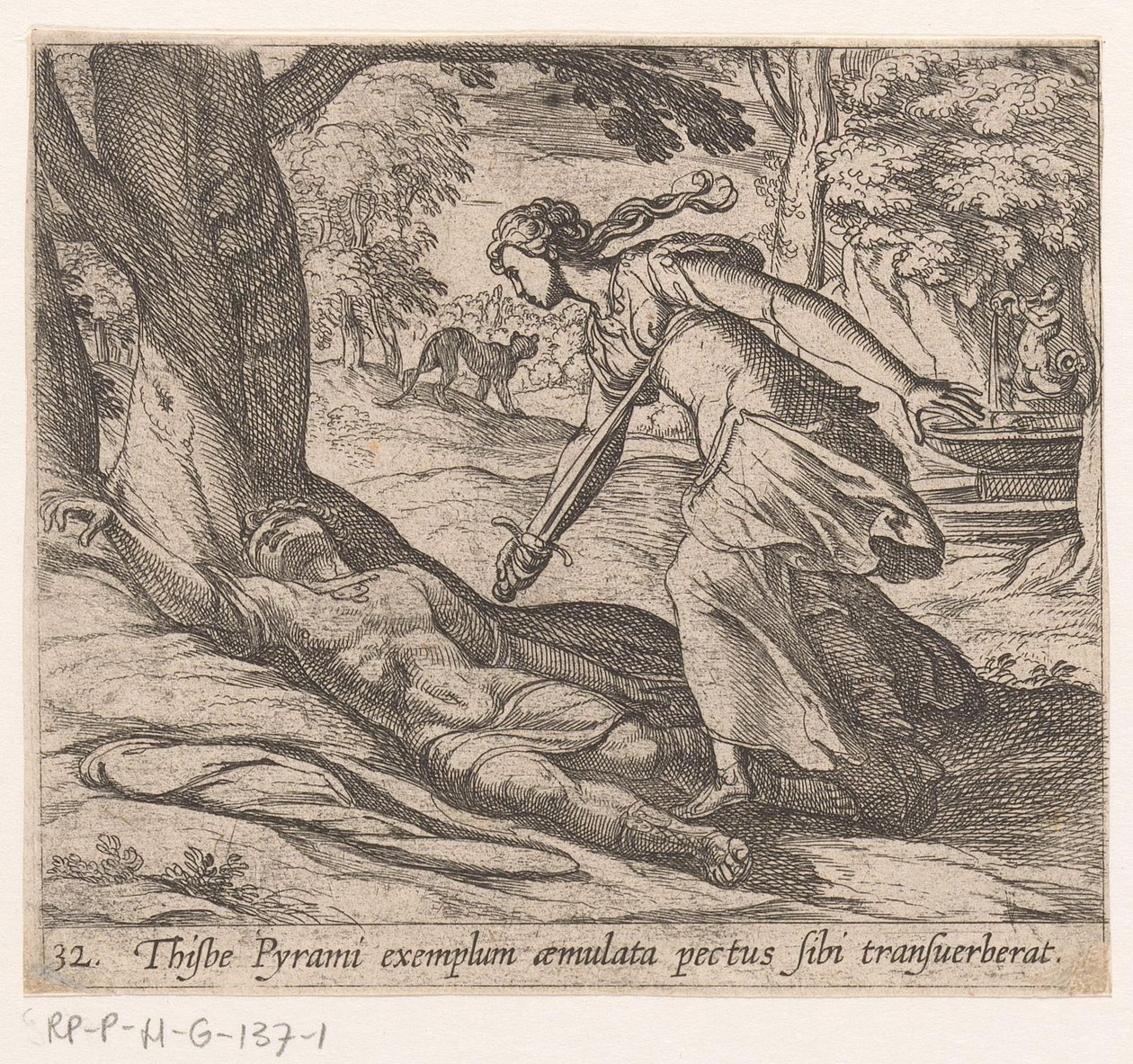 Zelfmoor van Thisbe Thijsbe hadde krysset brystet etter eksemplet med Pyramus (tittel på objekt) Metamorfoseon eller transformasjoner (serietittel) Metamorfosen van Ovidius (serietittel) av Antonio Tempesta