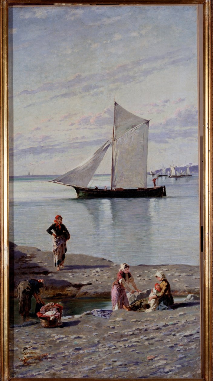 Lavandieres på bredden av Bisagno-elven nær Genes, Italia Maleri av Antonio Varni (1841-1908) 1891 Genes, Galleria d