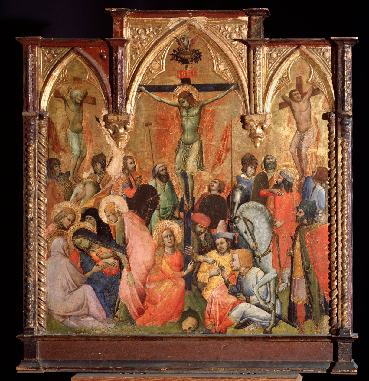 Korsfestelse, med de to tyvene korsfestet med Jesus Kristus (tempera og gull på panel av Antonio Veneziano