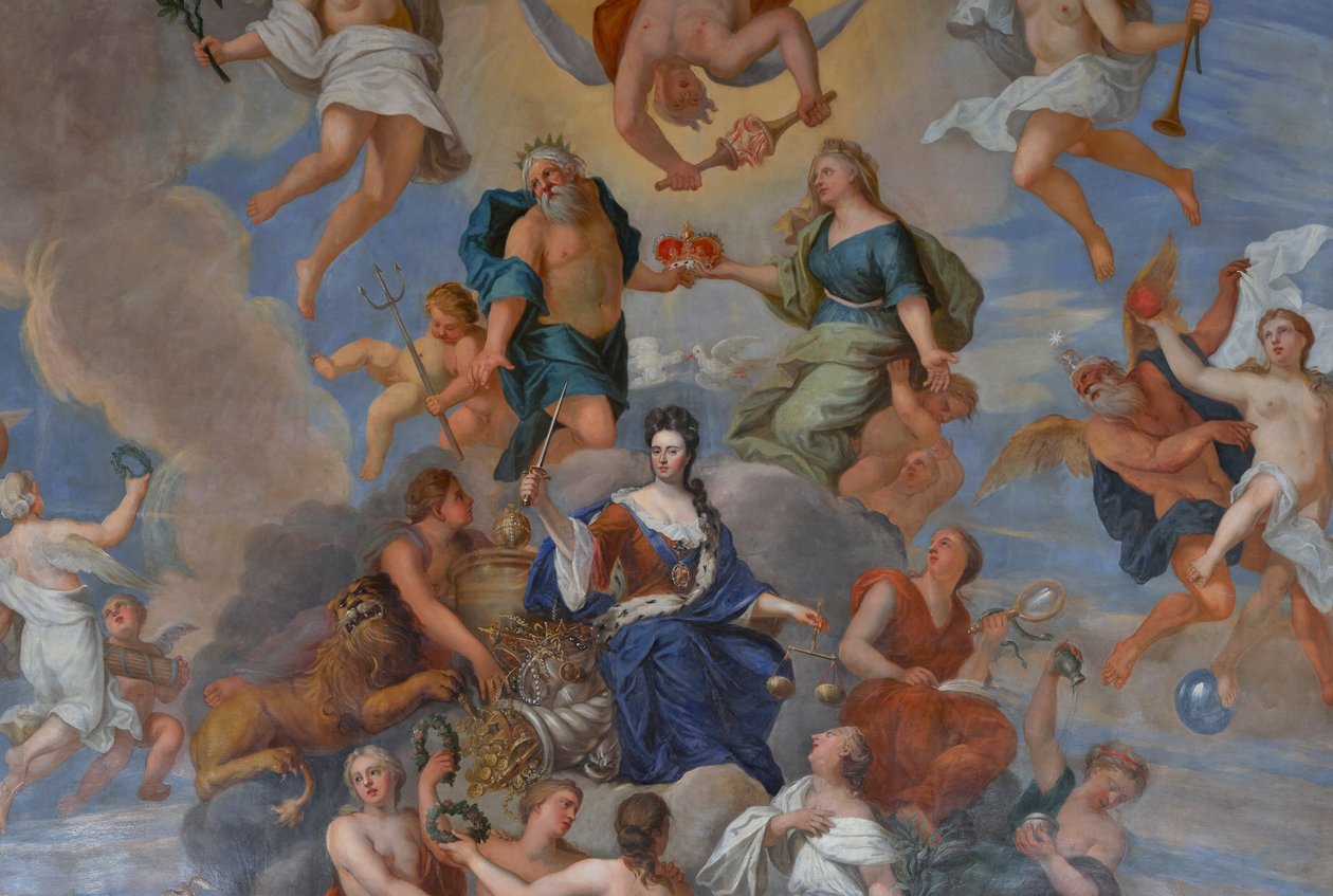 Dronning Anne omgitt av en rekke personifiserte dyder, detalj av taket i The Queen