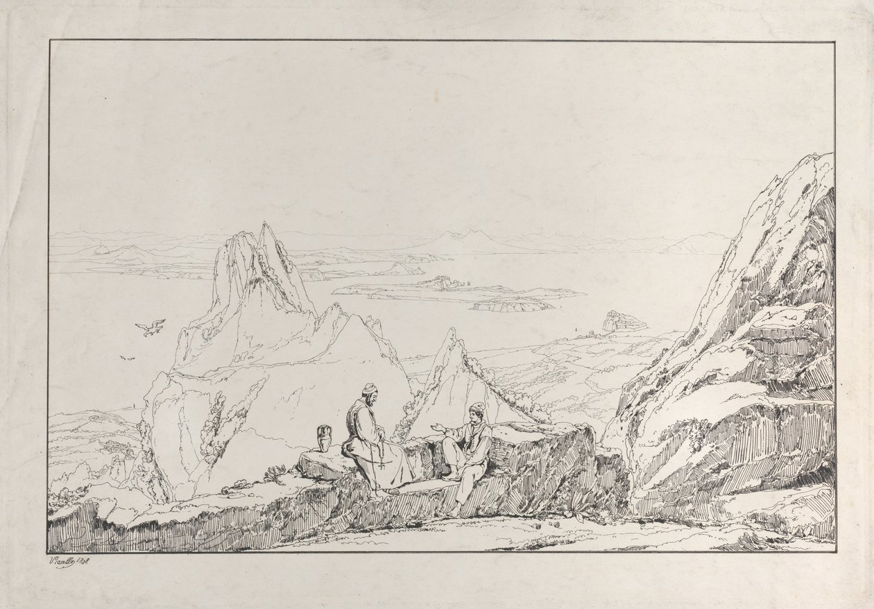 Fjelllandskap med to menn i forgrunnen, 1828. av Antonio Vianello